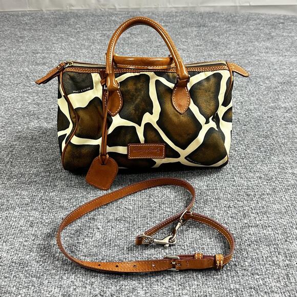 Dooney Bourke Giraffe Satchel Bag Brown Leather Trim Crossbody Strap Chic Cute - Picture 1 of 16